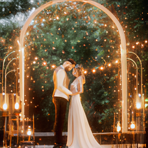 תמונה של חתן וכלה עומדים מול קשת חתונה מעוטרת באורות פיות