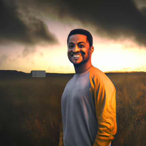 צילום של אדם מחייך ונראה נחוש כשהוא עומד לבדו בשדה